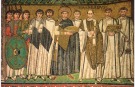 Byzantine Emperor Justinian I (527 - 565) and his court depicted on the walls of the Basilica of San Vitale in Ravenna, Italy.