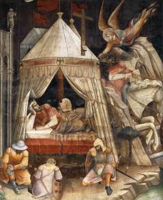 The Dream of Emperor Heraclius (c. 1385-87) by Italian painter Agnolo Gaddi. An angel is depicted in the top-right corner playing into parallels of Walter Benjamin's "Angel of History" found in IX of his "Theses on the Philosophy of History."