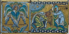 As a winged angelic being looks on, Heraclius submit Khosrau II to their rule by beheading him. The plaque is from a cross (1160–1170, Paris, Louvre). Once again, the cherub looks on as the war between two great empires reaches its conclusion.